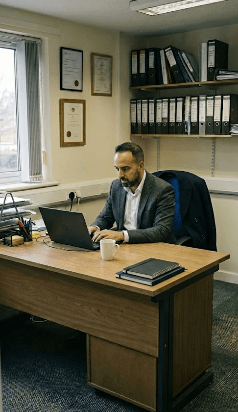 A man in a dark blazer works on a laptop beneath warm hanging globe lights.