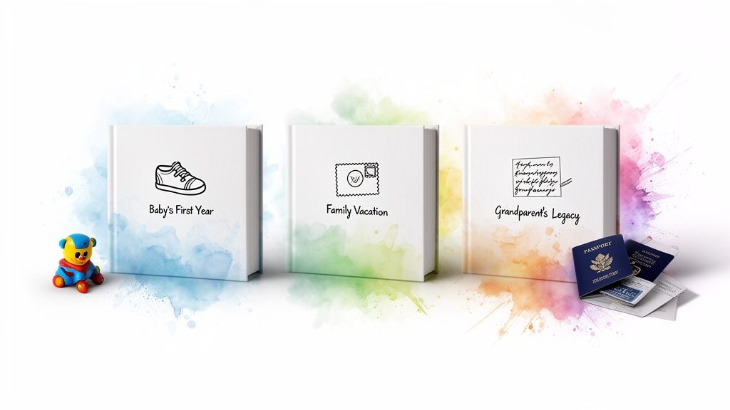 Three white hardcover photo books for different life milestones: baby's first year, family vacation, and grandparent's legacy.