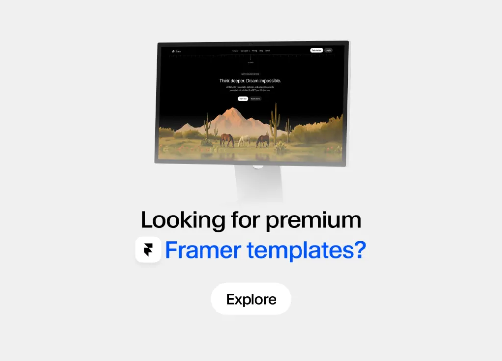 Image shows a computer monitor with a website on the screen, advertising premium Framer templates.