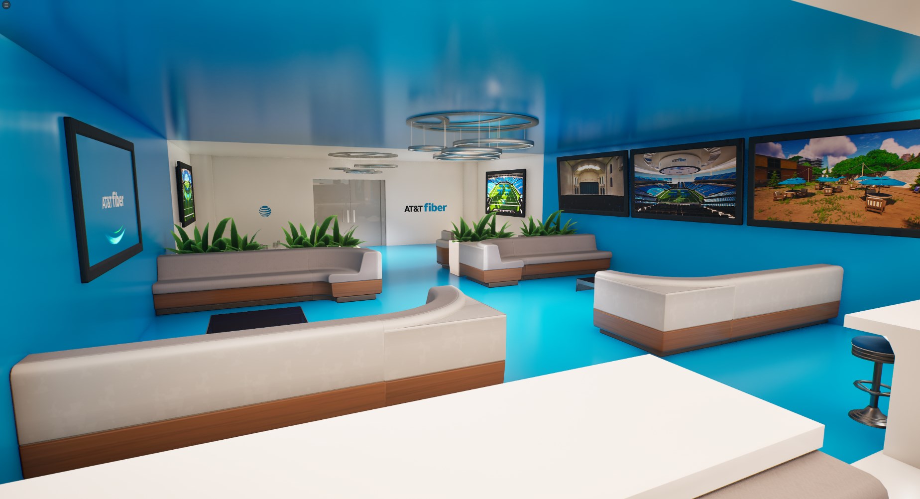 The AT&T Fiber lobby built inside Fortnite, with blue floors and screens on the walls