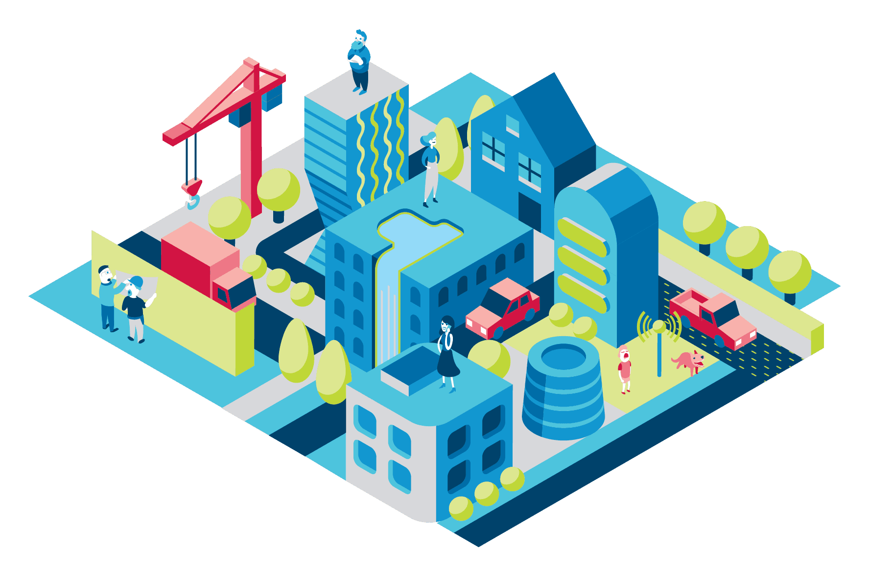 Isometric illustration of a small city with a simplified design and reduced color palette.