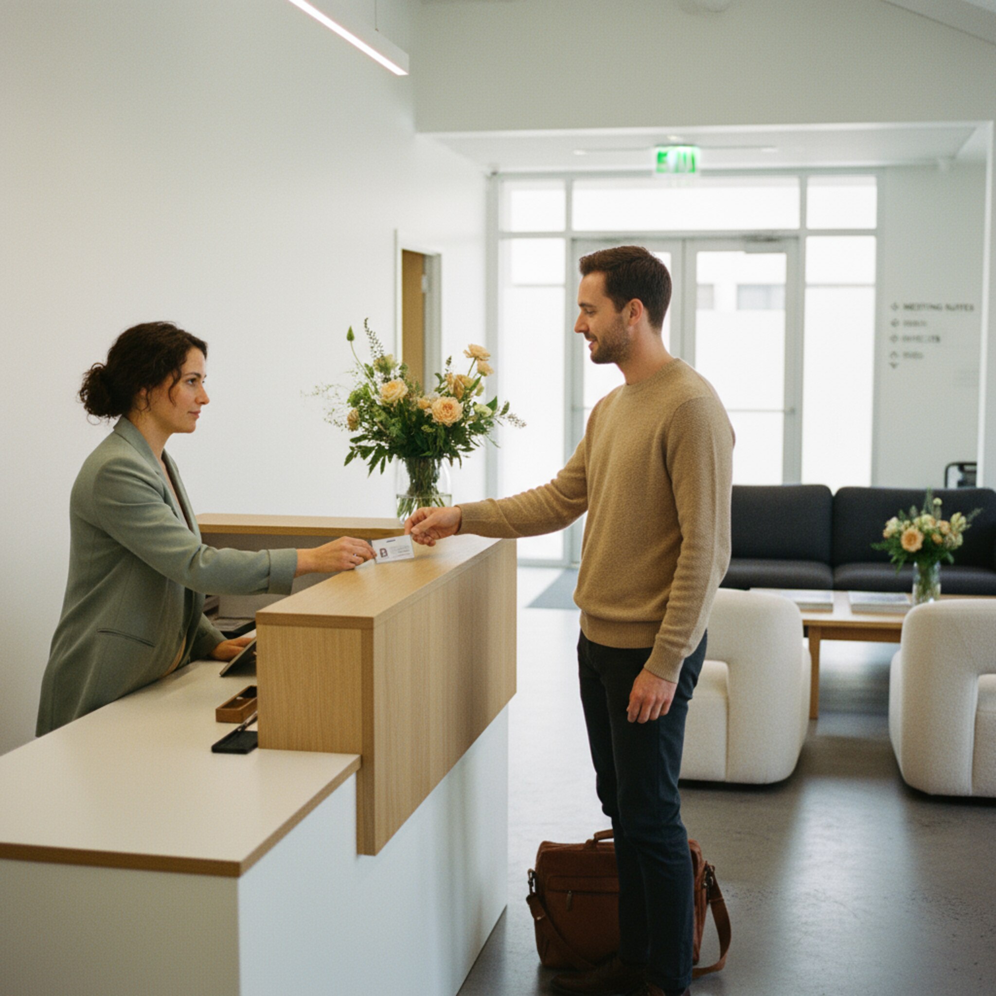 Im Empfangsbereich überreicht eine Mitarbeiterin einem Besucher eine dezente Papier-Badge. Ein klar gestalteter Tresen, frische Blumen und eine Sitzgruppe vermitteln Professionalität. Im Hintergrund öffnet sich der Blick auf einen hellen Flur mit Wegweisern. Die Szene fühlt sich organisiert und willkommen heißend an.