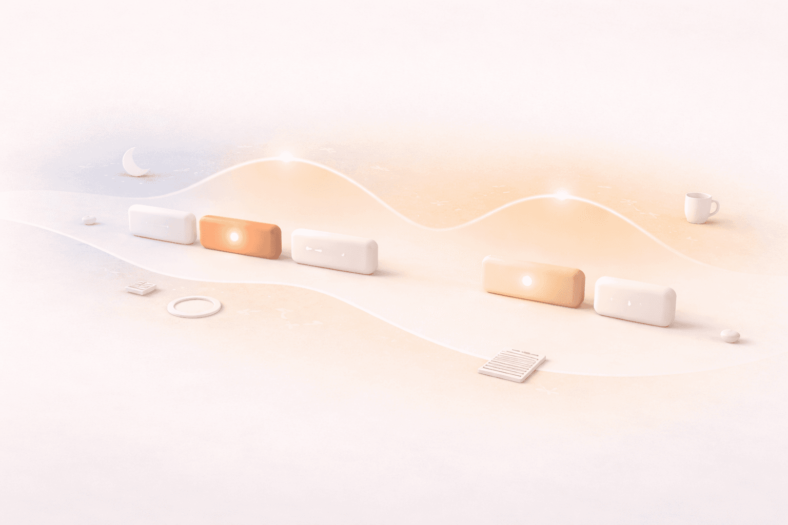 Minimalistische 3D-Illustration eines Tagesverlaufs mit zwei hervorgehobenen Produktivitätsphasen: Eine geschwungene Zeitleiste verläuft von kühlen Morgentönen zu warmen Abendfarben. Zwei Fokusblöcke sind sichtbar, ein korallorangefarbener früher im Tag und ein weicher hervorgehobener späterer Block. Dezente Symbole wie Mond, Timer und kleine Aufgabenelemente ergänzen die Darstellung auf einem warmen cremefarbenen Hintergrund.