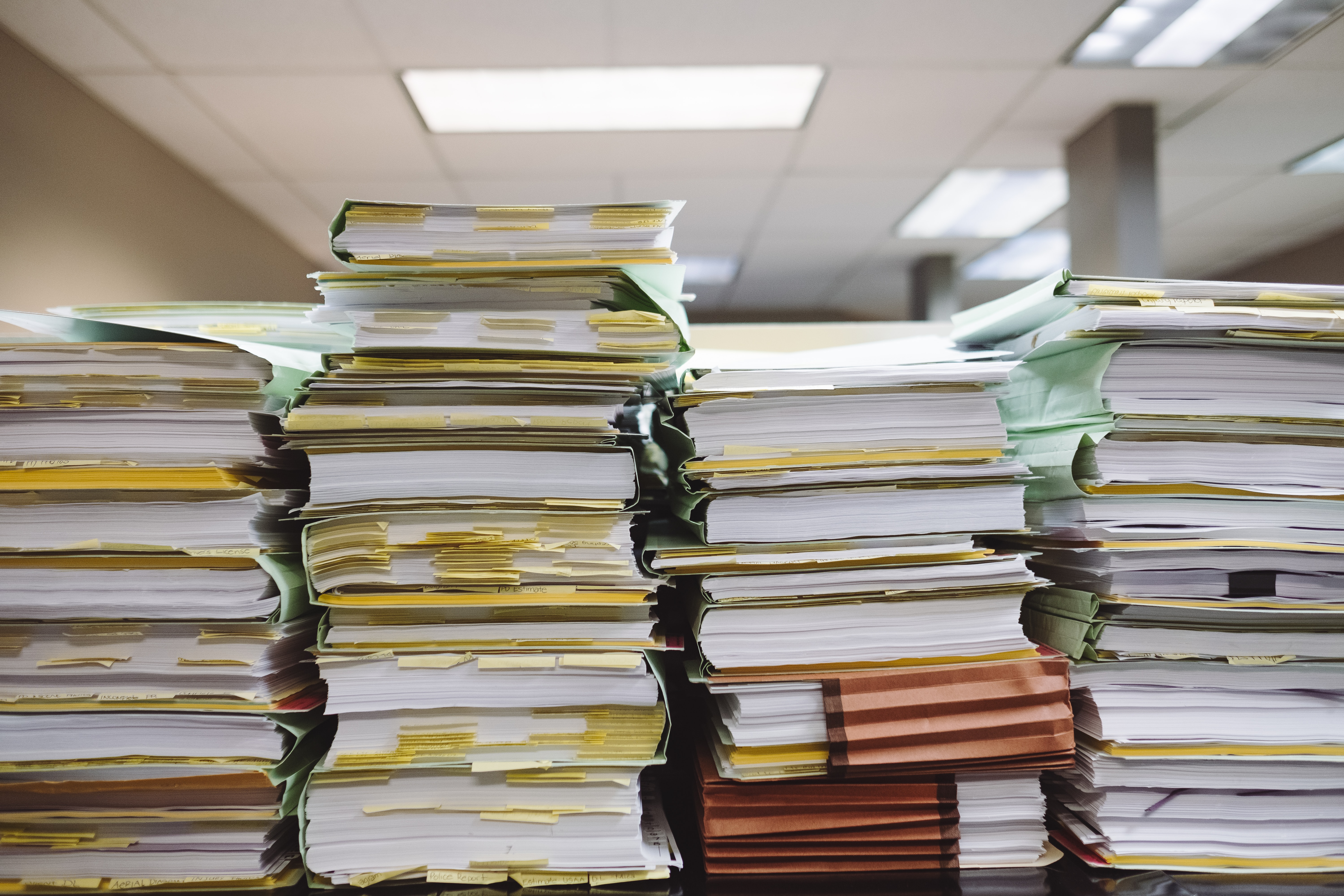 paper stack, disorganized, office