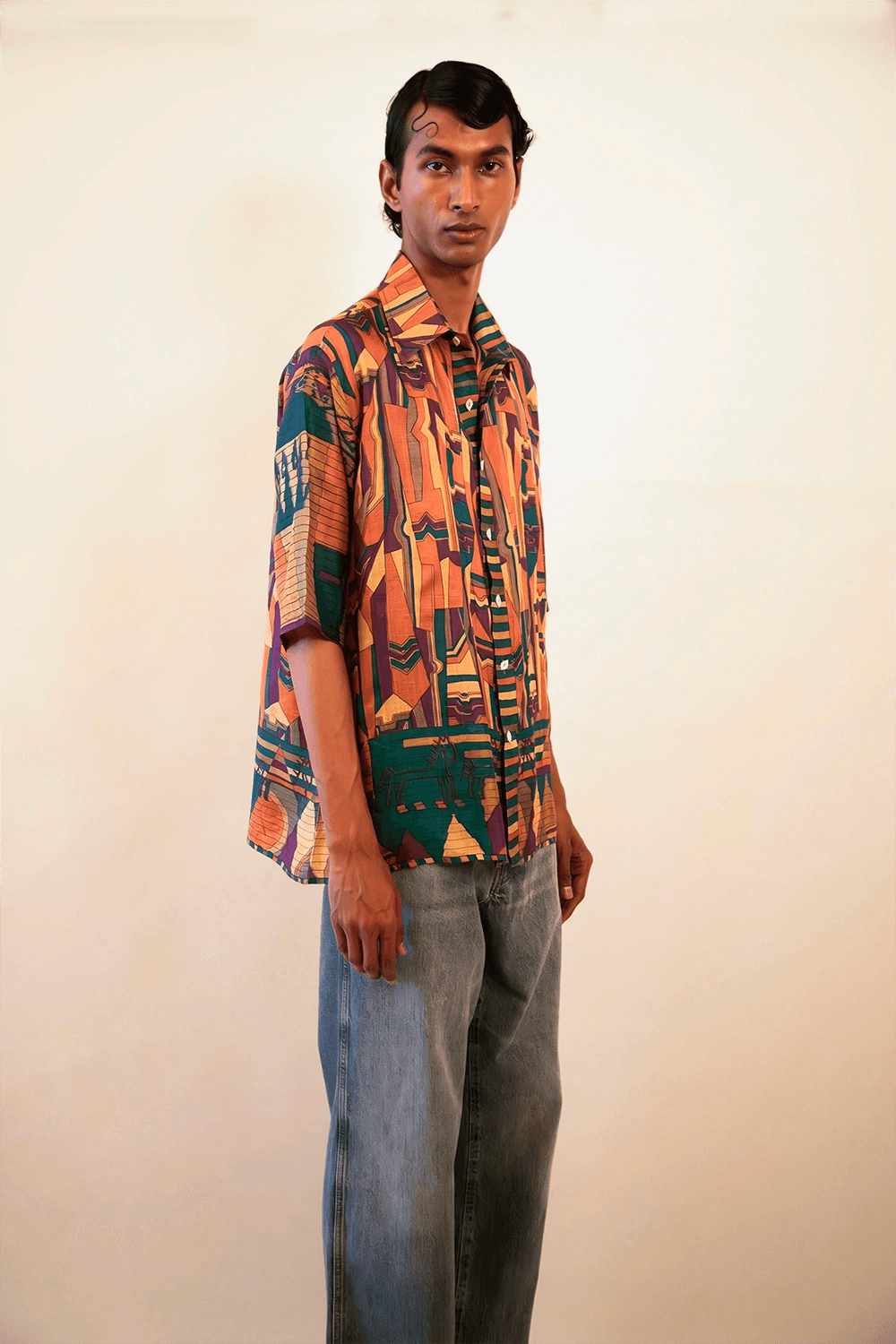 Raga is our one-of-a-kind oversized multi-colour printed shirt, handcrafted by skilled artisans in-house using a one-of-a-kind vintage silk saree.