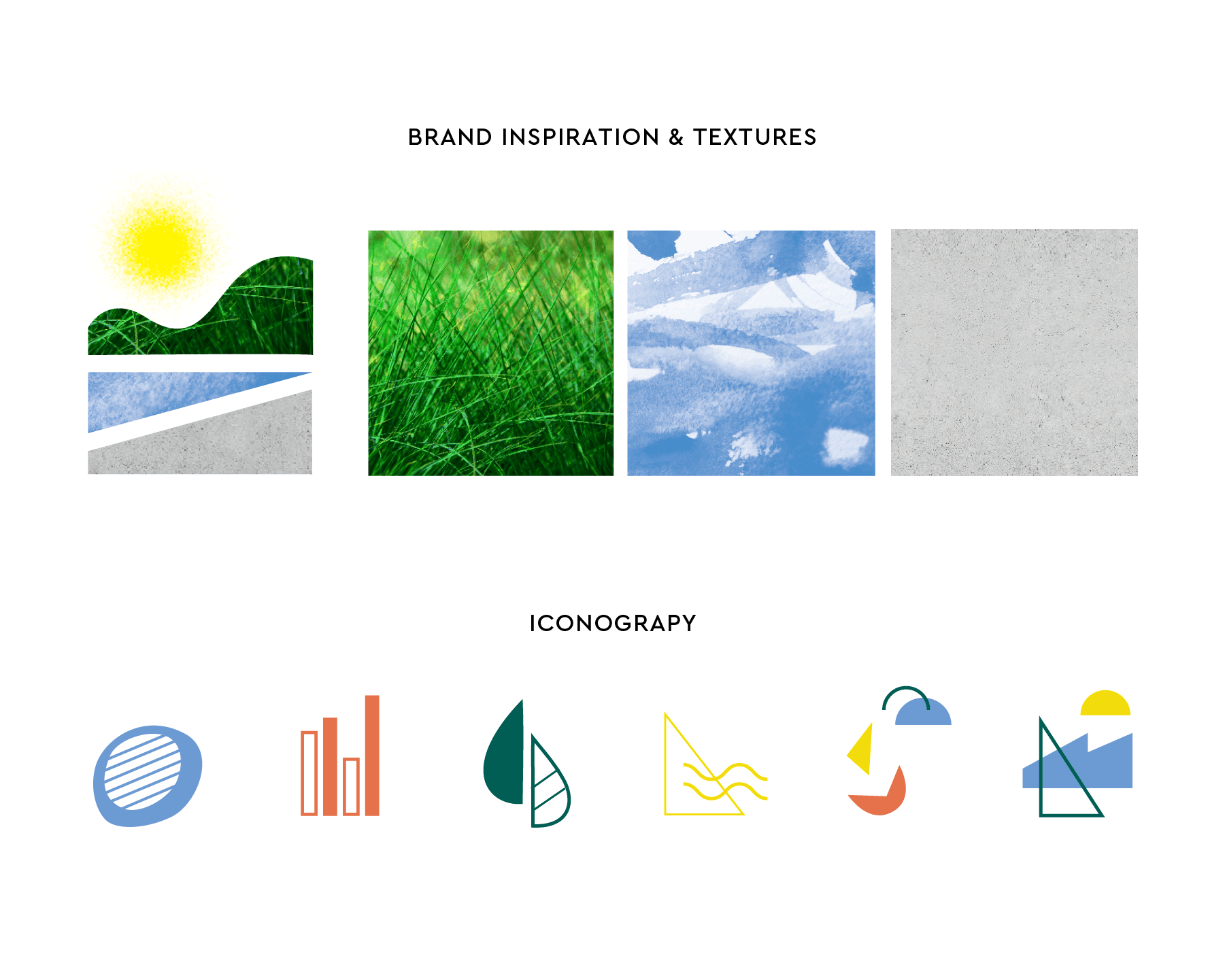 Photo of sun, grass, light blue watercolor texture, and concrete pavement. Also includes various abstract line-drawn icons