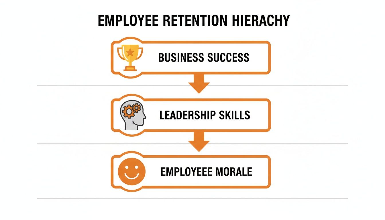 An employee retention hierarchy diagram showing business success leading to leadership skills, which leads to employee morale.