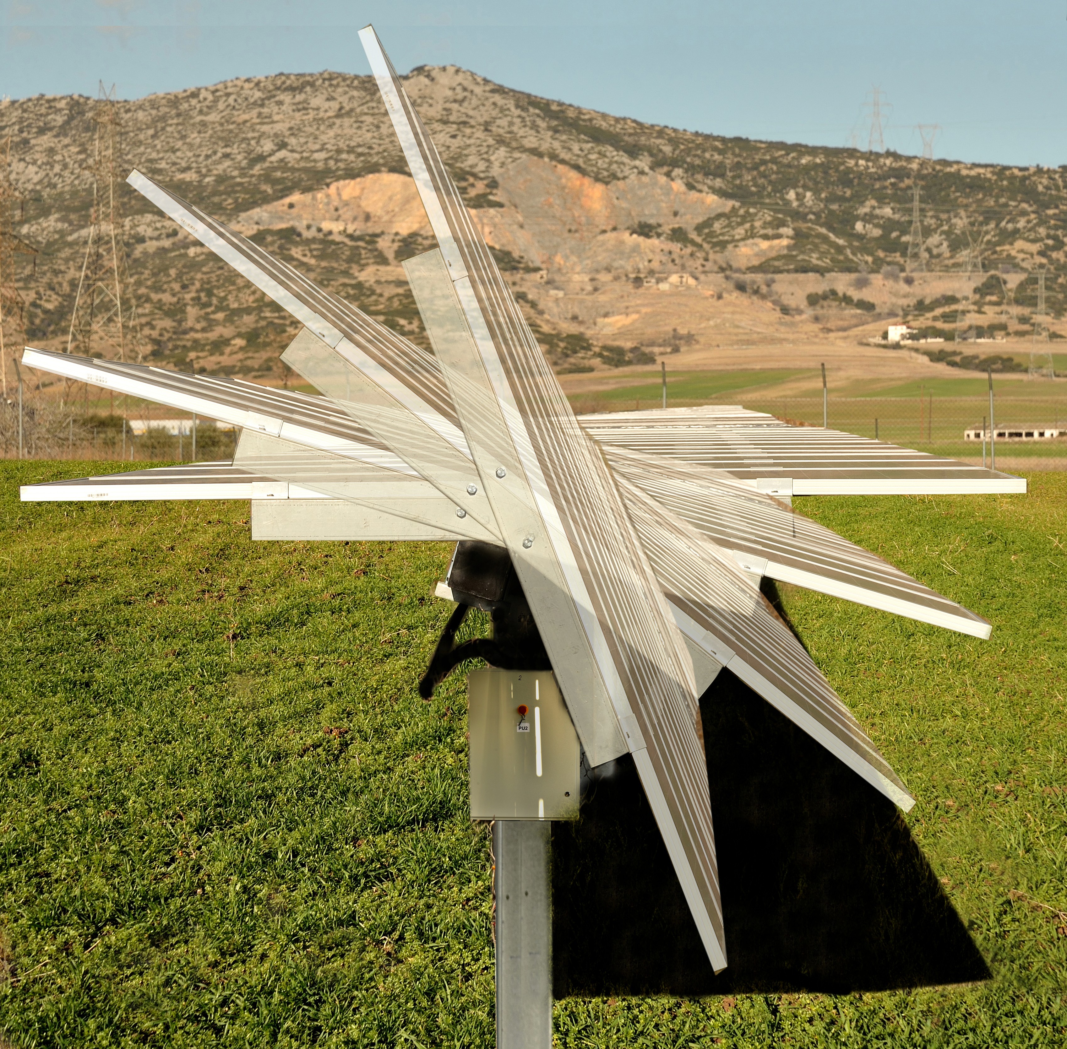 Close-up of photovoltaic mounting structure showing mechanical support system in ground-mounted solar installation