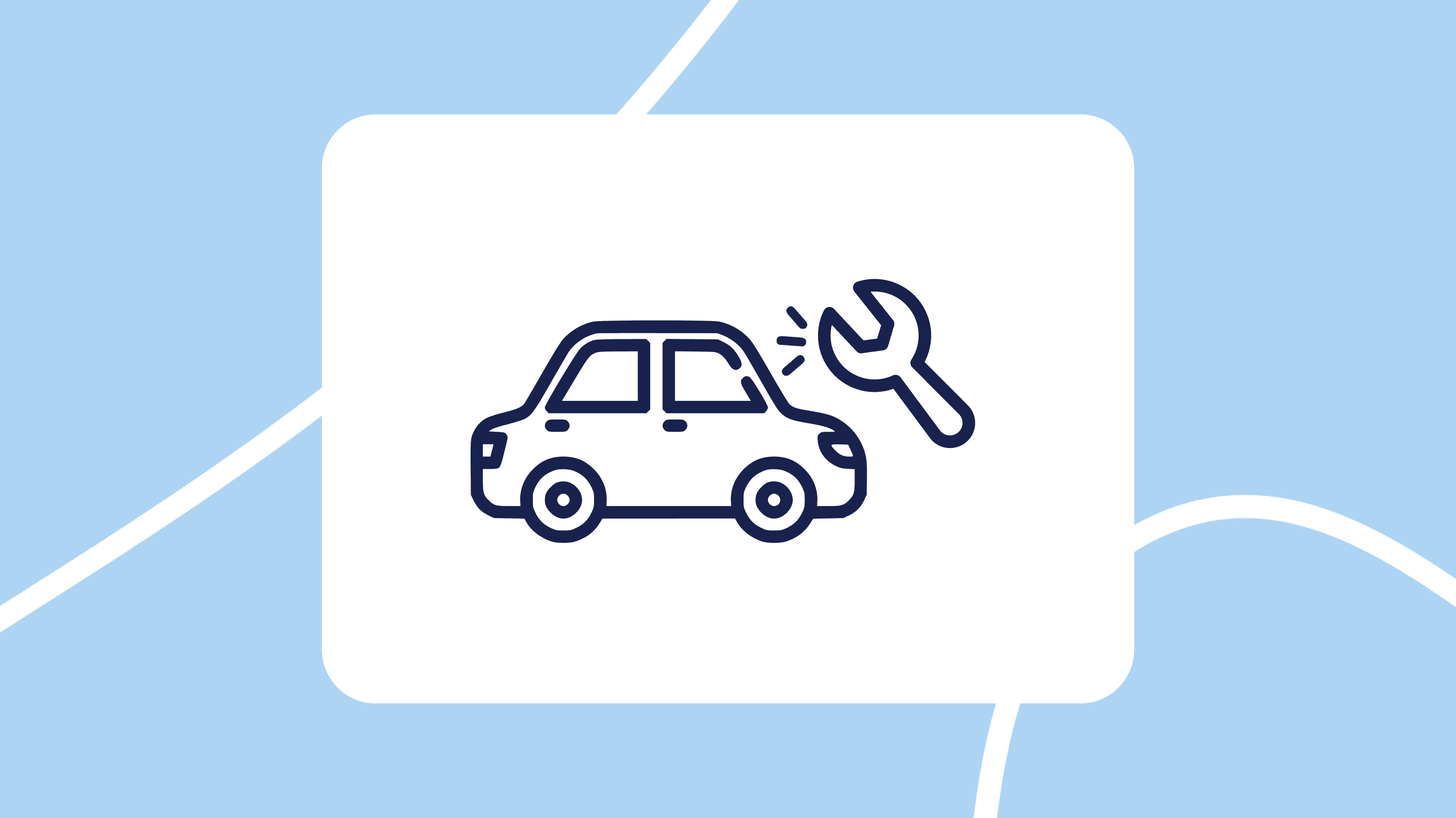 Ilustración minimalista de un coche con una llave inglesa, que representa un coche averiado o en reparación.
