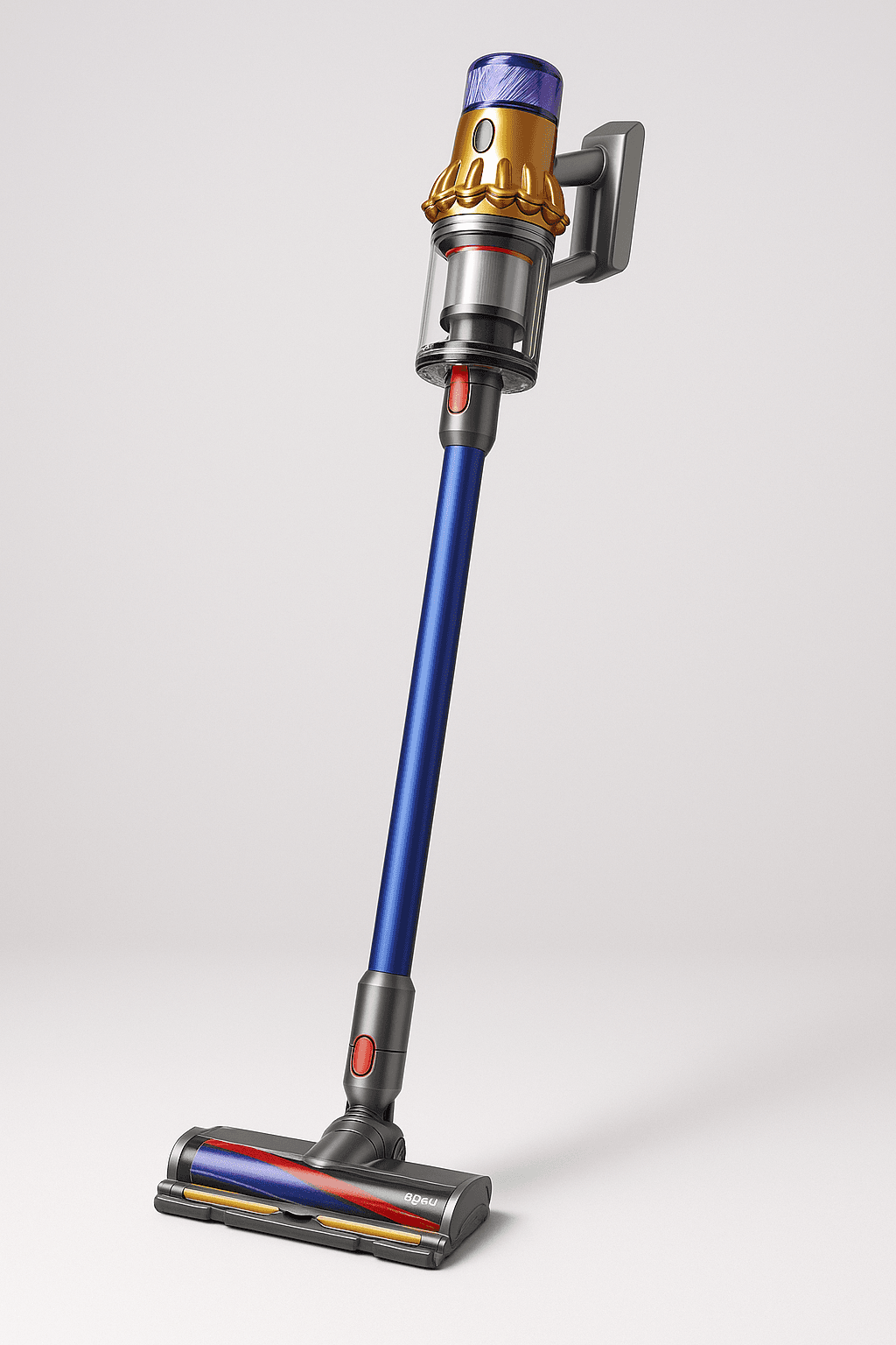Dyson V15 Detect cordless stick vacuum with laser light floorhead and digital display, shown on white background.