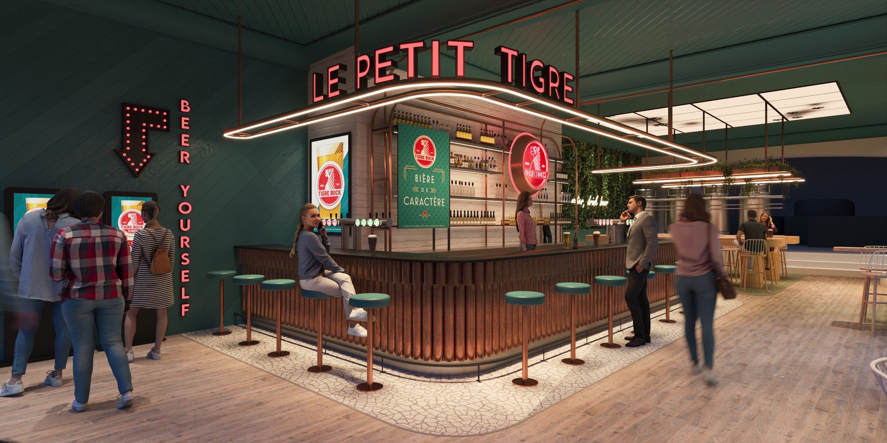 Main entrance of Tiger Bock design concept bar in Strasbourg with creative materials and direction inspired by beer brewing 