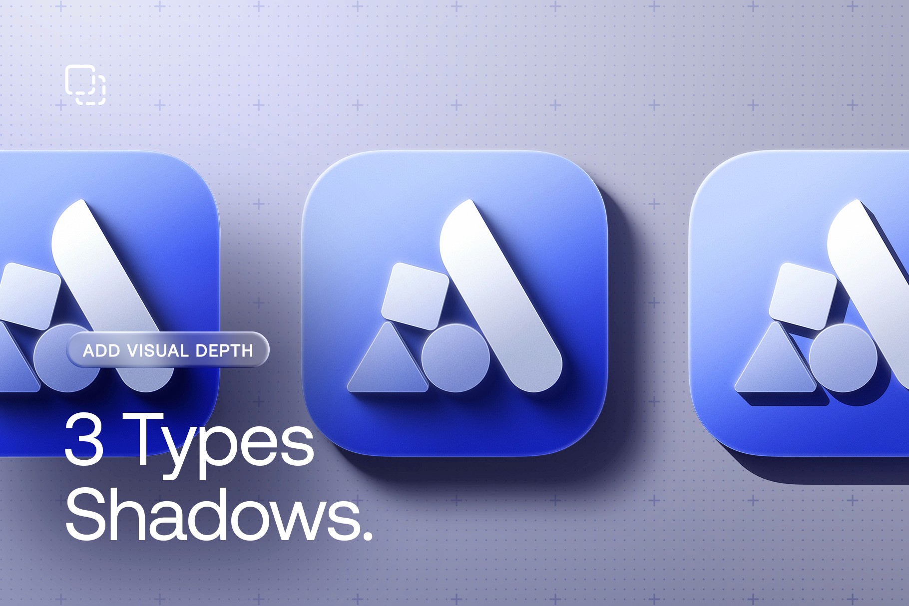 Three variations of 3D app icon shadows, demonstrating different shadow styles like soft and hard.