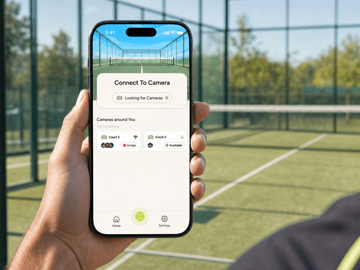 Smartphone mit dem „Connect To Camera“-Screen der Covelant App vor einem Padel-Court