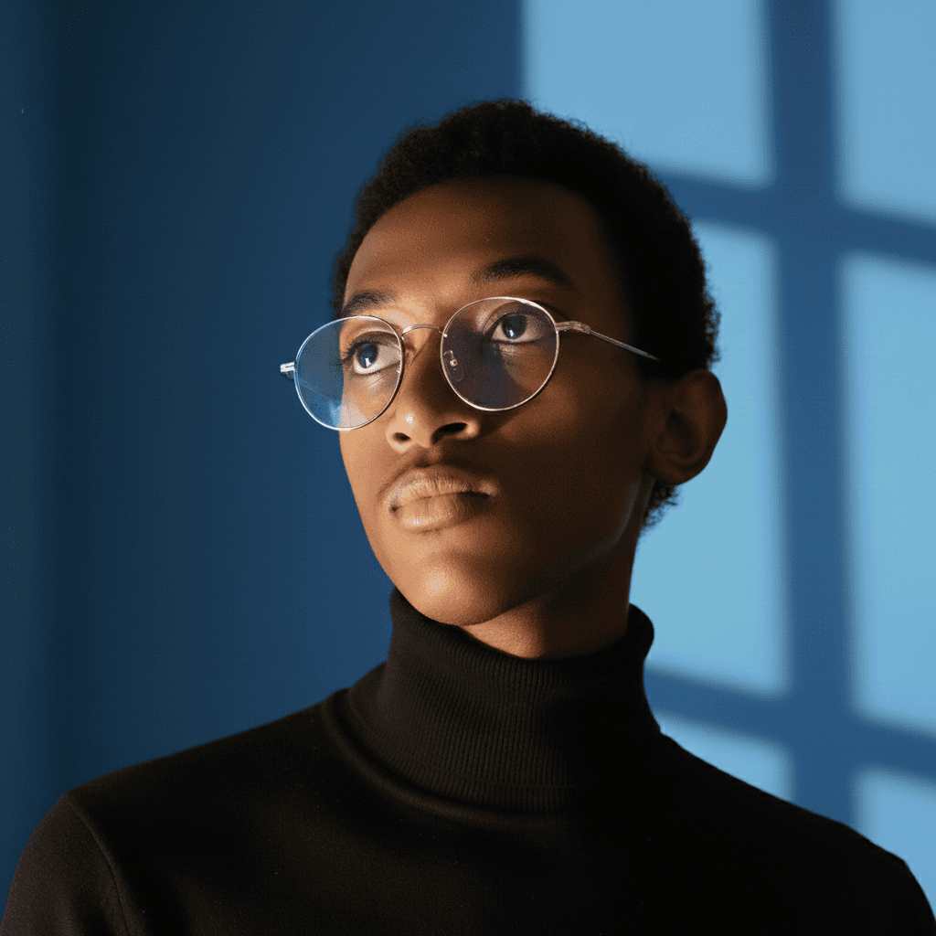 Person wearing a blue puffer jacket and red backpack standing in front of a light blue building on a city street.