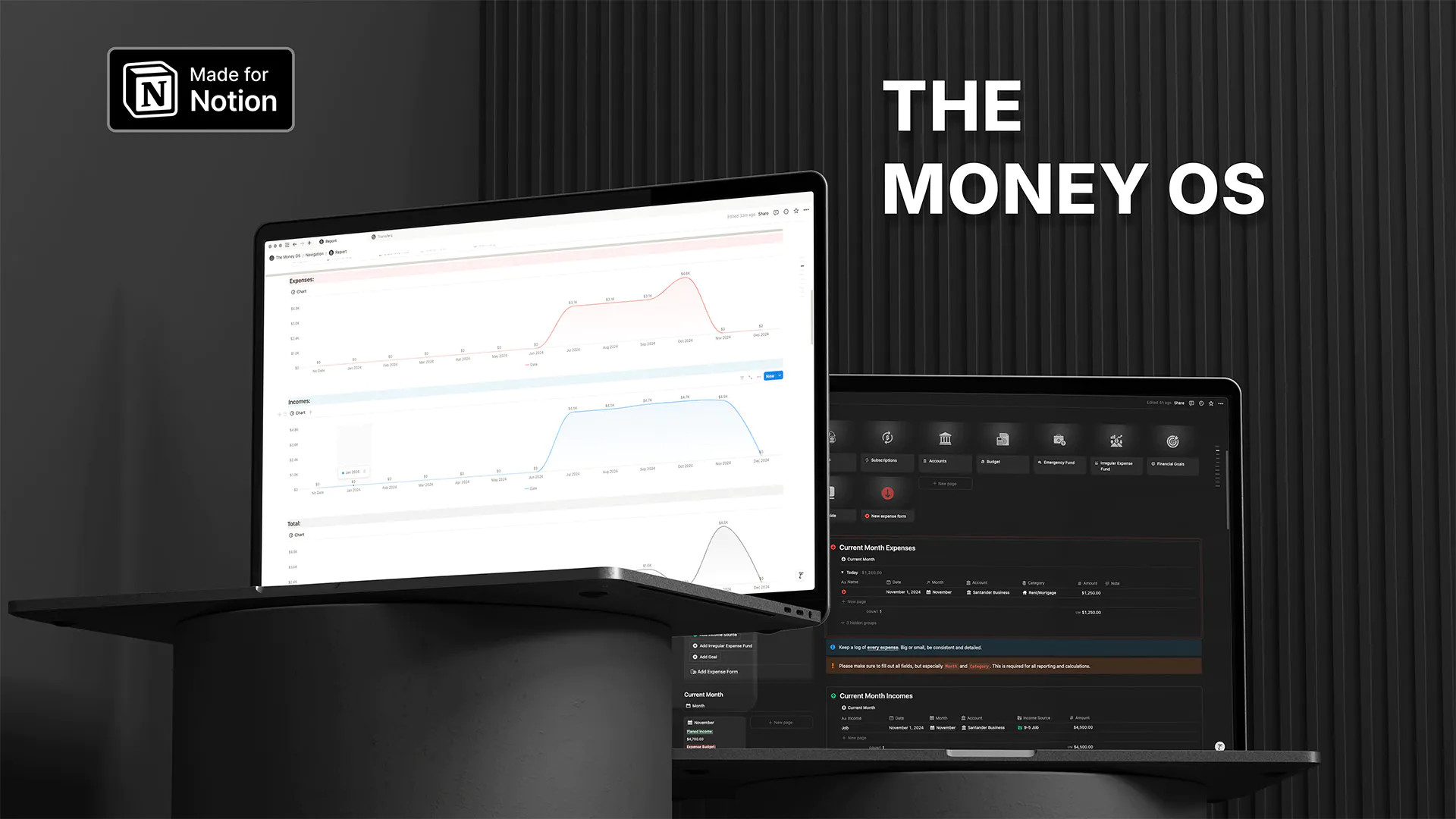 The Money OS Notion template displayed on two MacBook laptops against a dark, professional backdrop. Left screen shows sophisticated financial analytics with multiple line graphs tracking income and expenses over time. Right screen demonstrates the dark-mode interface with navigation icons and current month financial tracking. 'Made for Notion' badge in top-left corner emphasizes native integration. Stylish product visualization highlighting The Money OS's comprehensive financial management and analysis capabilities in a modern, premium presentation.