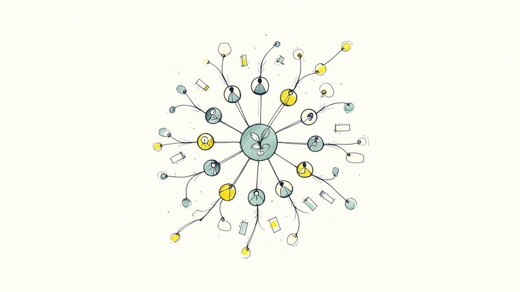A hand-drawn network diagram showing a central plant icon connected to people and various elements.