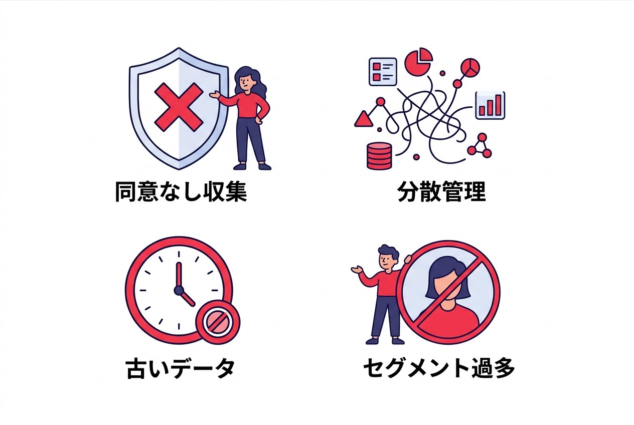 避けるべき4つの失敗パターン。同意なし収集は法的リスク、分散管理は活用効率の低下、古いデータは精度悪化、セグメント過多は機械学習の阻害を招く。