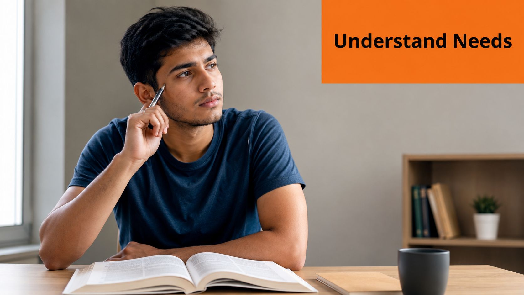 A focused young student sitting at a wooden desk with a book while thinking deeply.