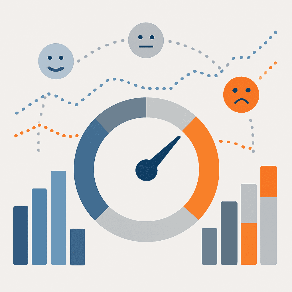 Visual blend of gauge, bar charts, and trend lines conveying key AI visibility metrics