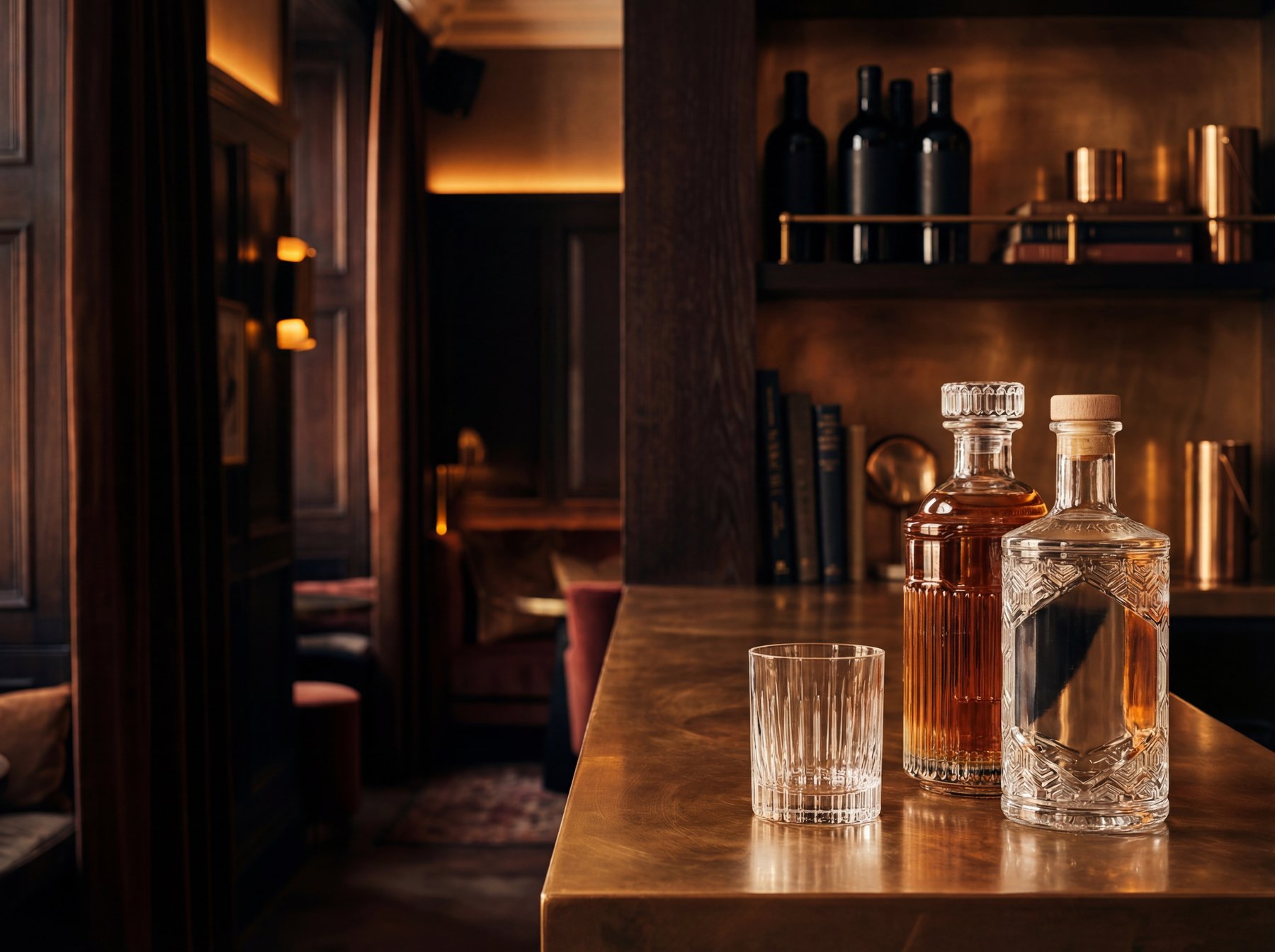 Premium spirits packaging with a bottle, cork stoppers, and a glass of whisky on a wooden surface.