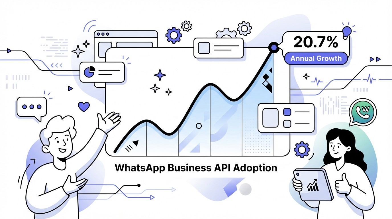 A modern infographic showing a clear upward-trending line graph, symbolizing the 20.7% annual growth in WhatsApp Business API adoption. The design uses professional blues, greens, and grays with subtle tech patterns.