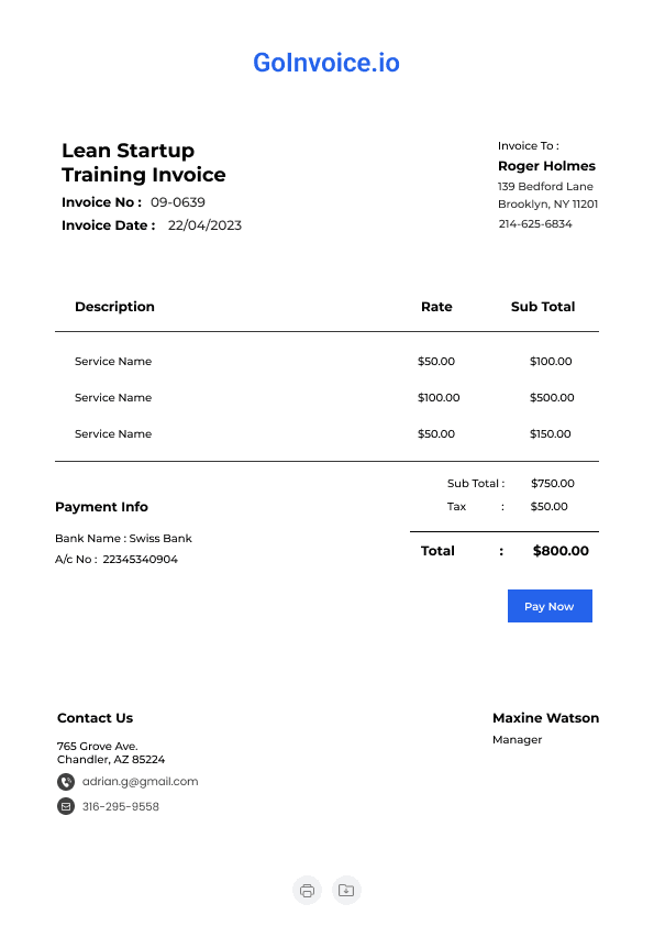 Lean Startup Training Invoice