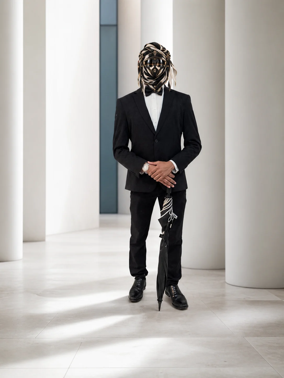 Full-length view of White Mark Tux, a black tuxedo with white graphic detailing across the jacket and one trouser leg, with the official Marzelest face covering.