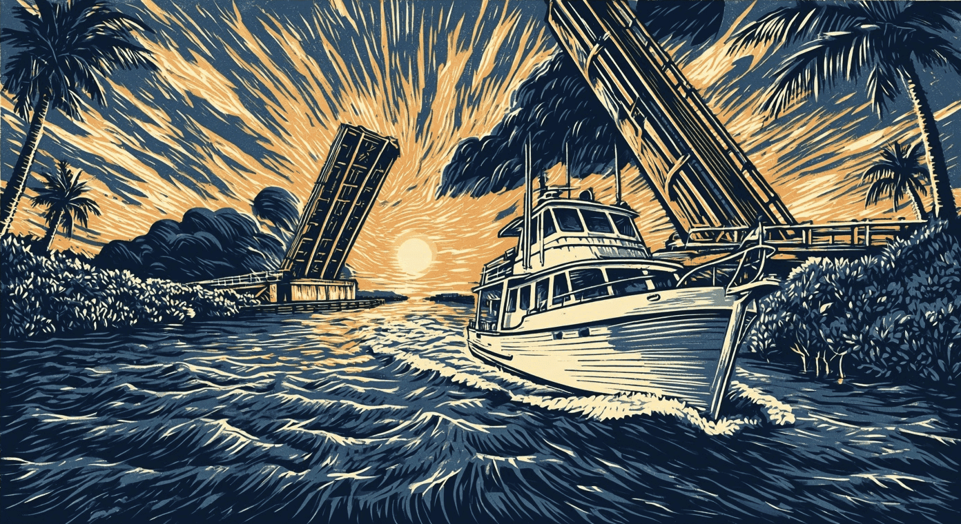 Woodcut print of a trawler coming up a mangrove river through a raised drawbridge, with storm clouds building at sunset behind her