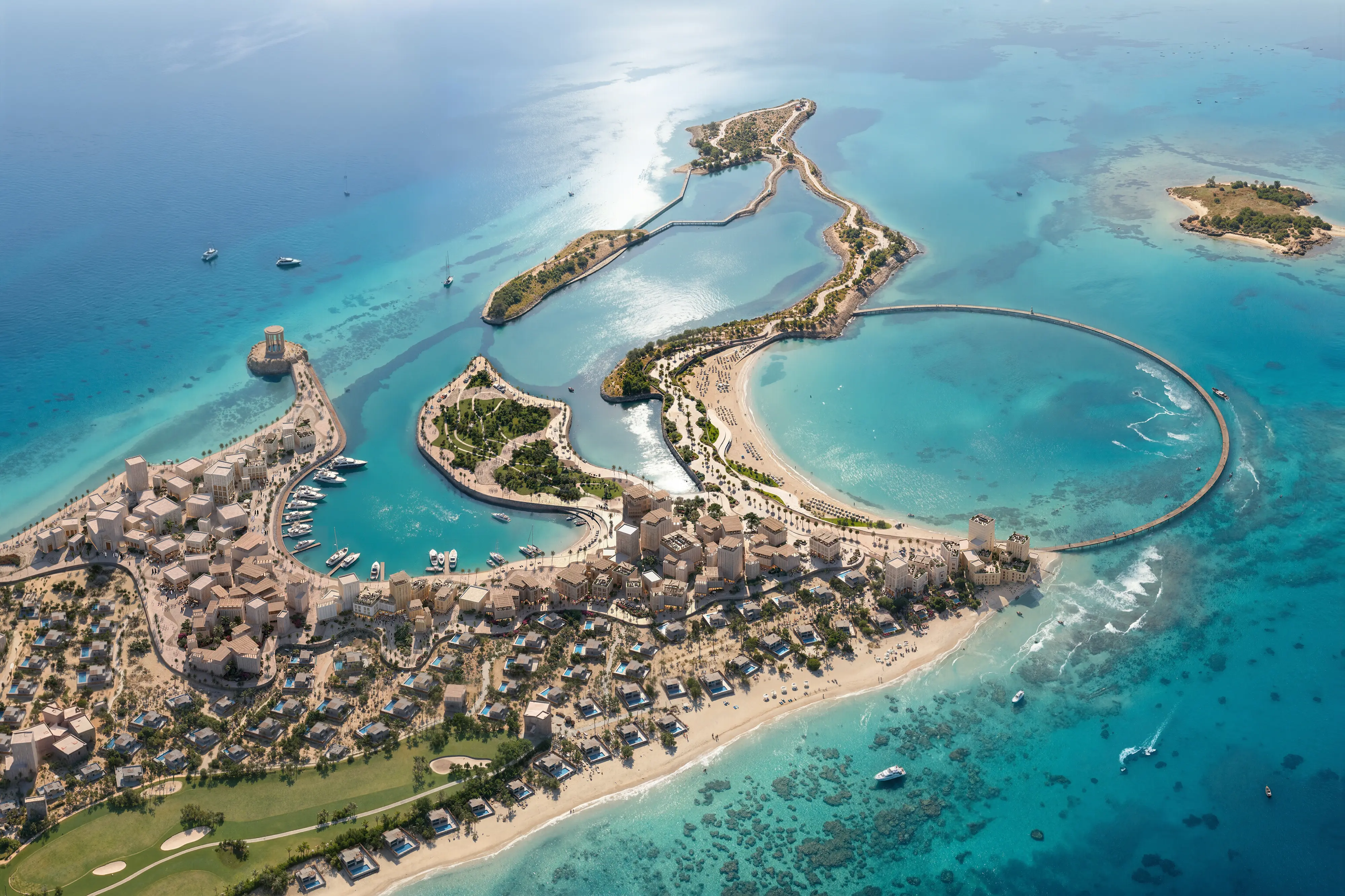 Architectural visualization of Sirrayn Island masterplan, Red Sea — high-altitude aerial view of the island featuring a marina, coastal villas, and the signature circular timber boardwalk enclosing a lagoon