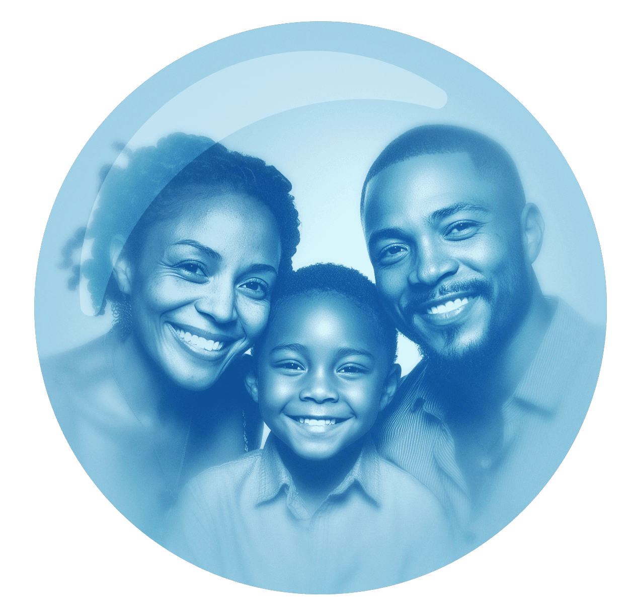 A happy family portrait featuring two adults and a child, smiling against a colorful background.