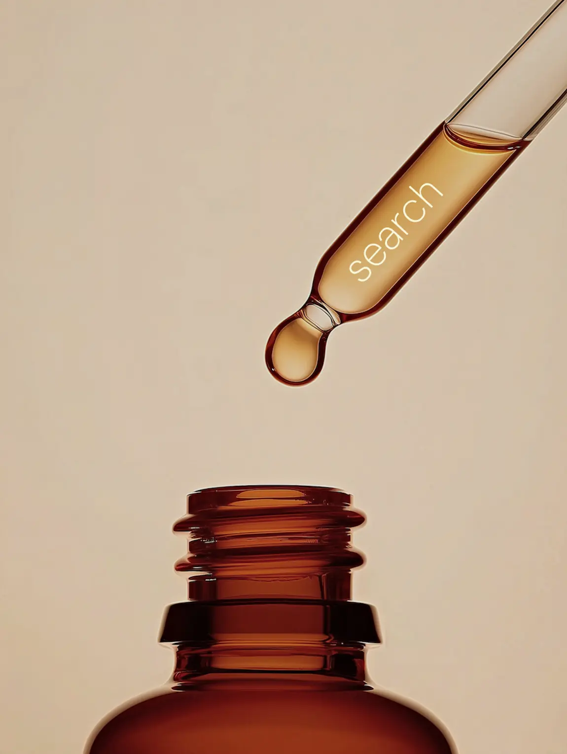Amber glass bottle with a dropper, symbolizing the extraction of precise search results.