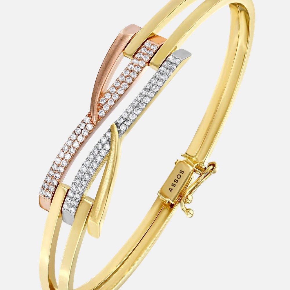 Assos 3 Renk Taşlı Altın Kaburga Kelepçe Bilezik Şık Tasarım