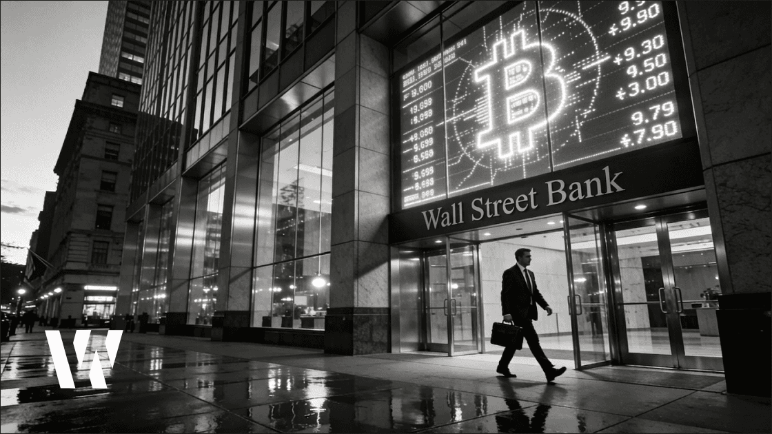 Wide shot of Wall Street buildings at dawn with Bitcoin symbol in the sky