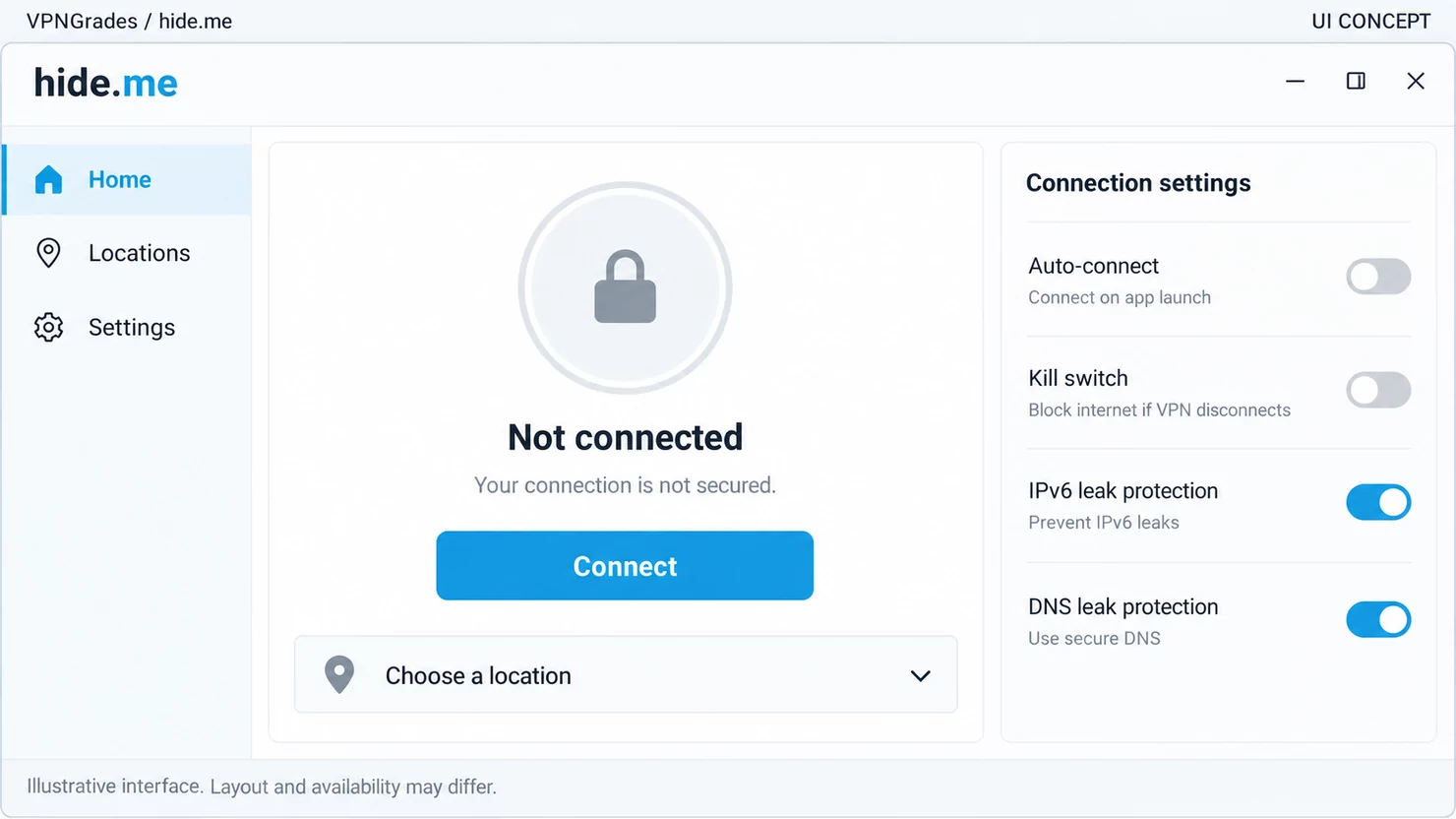 hide.me: a desktop connection interface (illustration).