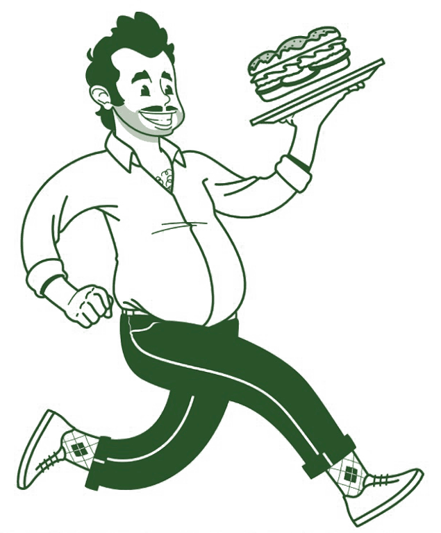 Illustration d’un serveur latino souriant courant avec une assiette de burger, symbolisant l’esprit convivial et coloré du restaurant Compadre à Paris, spécialiste de la cuisine sud-américaine de partage