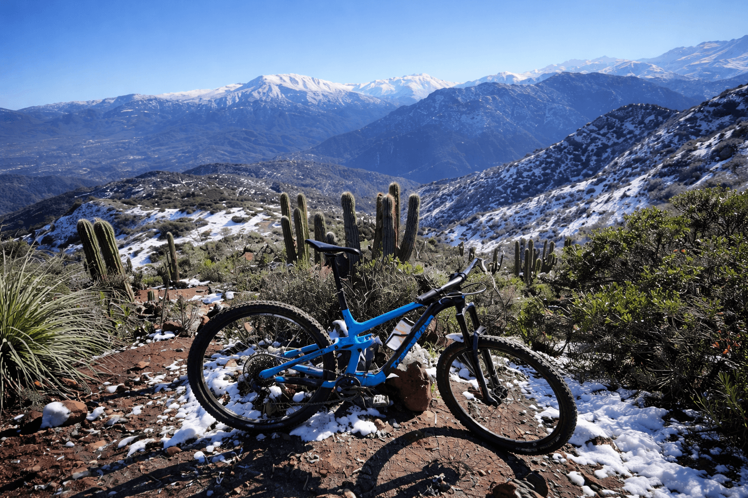 Bicicleta de mountain bike en sendero de montaña con paisaje cordillerano en Chile.