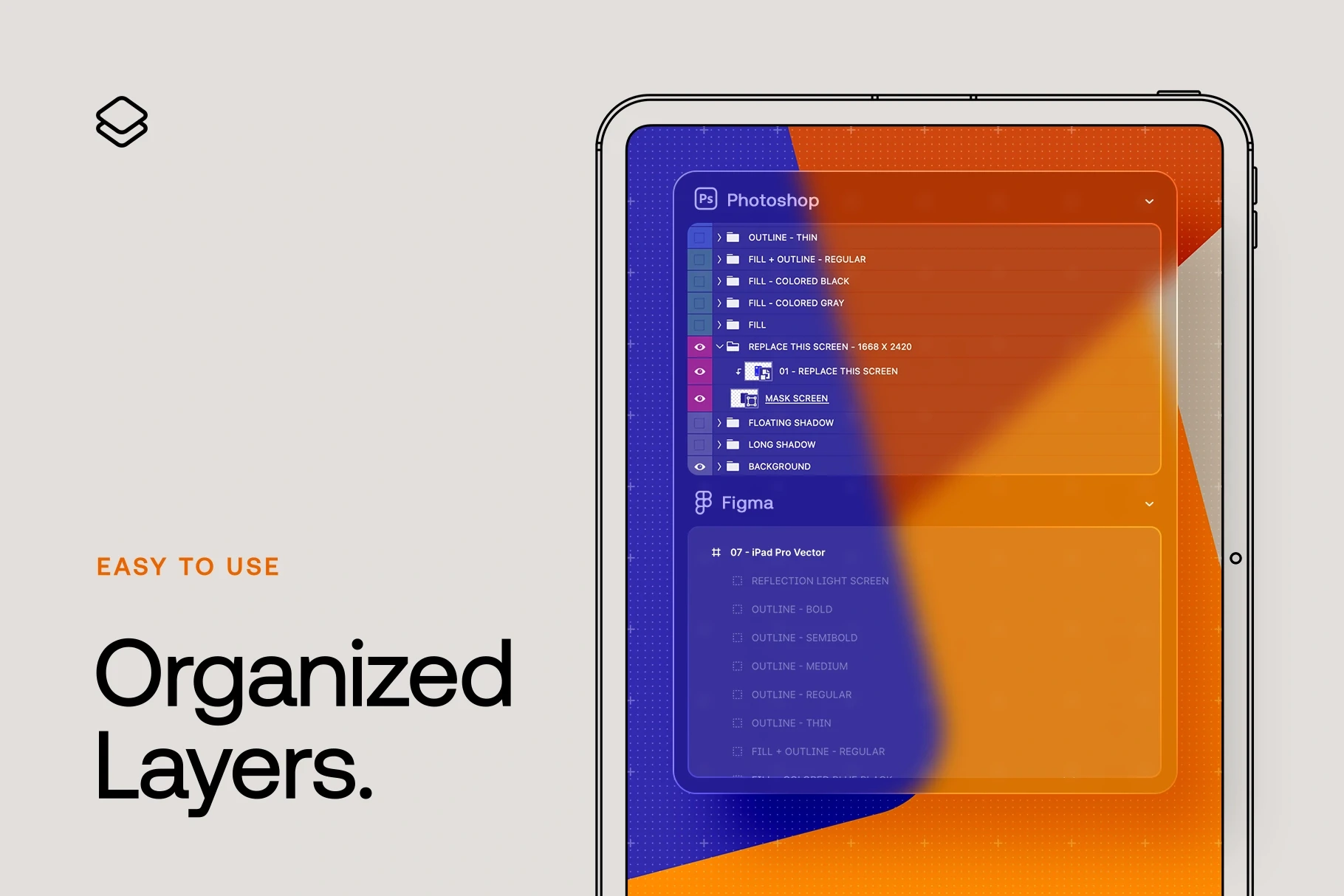 iPad Pro vector mockup with clean, well-organized layers in Photoshop and Figma.