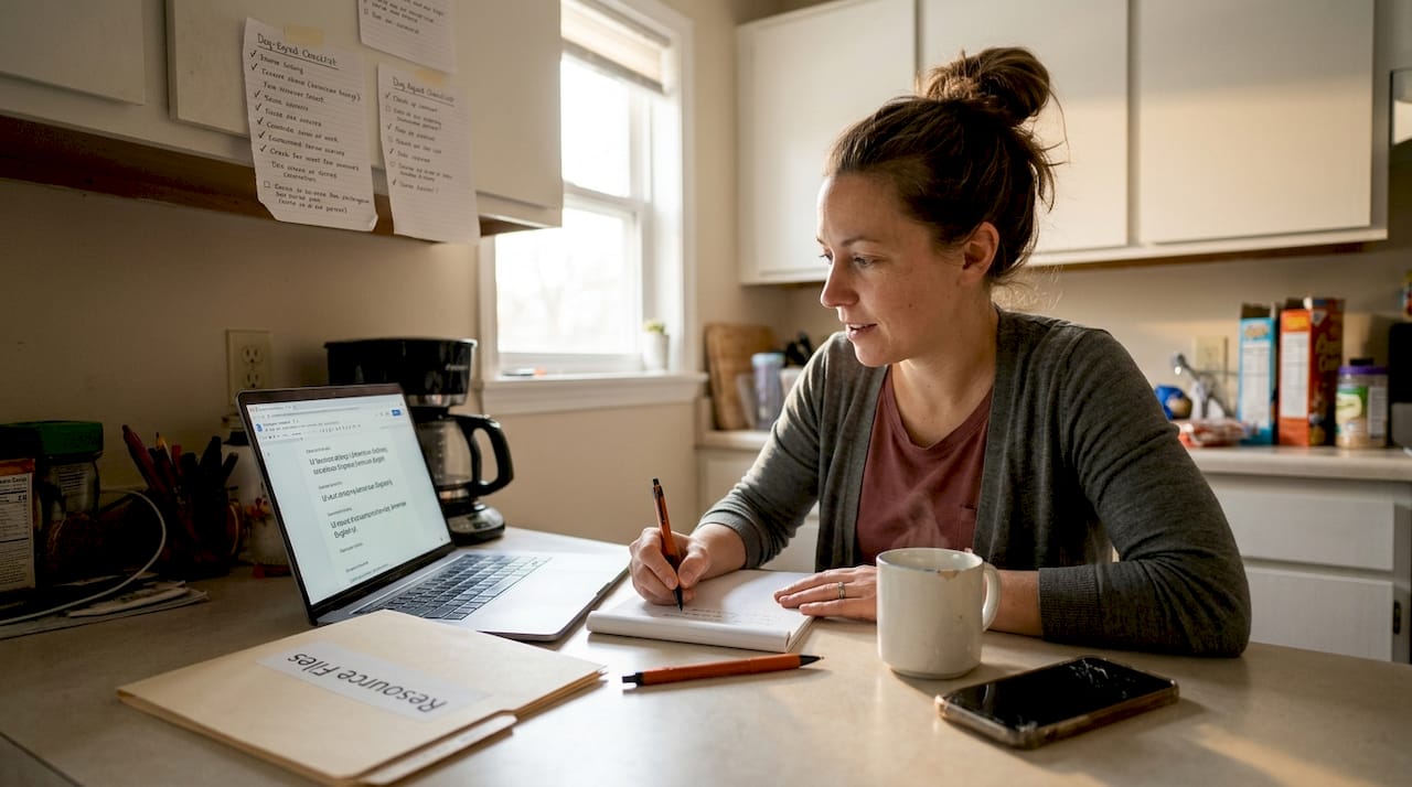 Designer preparing UI localization files at kitchen table