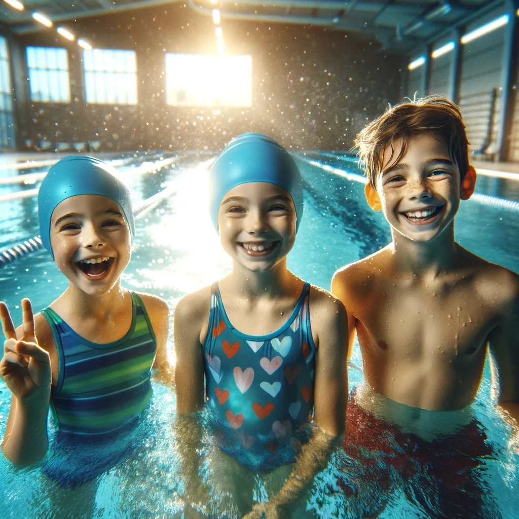 Trois enfants au bord d'une piscine intérieure, lumineuse et accueillante avec une teinte bleutée. Ils se tiennent côte à côte, rayonnants de joie et de fierté après leur première initiation réussie à l'eau. Le premier enfant, au milieu, lève les bras en signe de victoire, le deuxième enfant à sa droite rit joyeusement. L'eau de la piscine en arrière-plan scintille, reflétant la lumière et l'énergie positive de leur première expérience réussie dans l'eau. L'atmosphère traduit l'amitié, la réussite et l'enthousiasme partagé.
