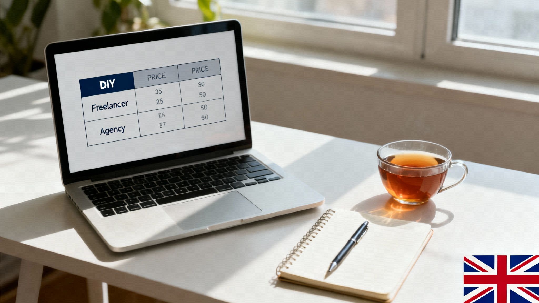 Laptop displaying pricing comparison table for DIY, freelancer, and agency website options with tea and notebook