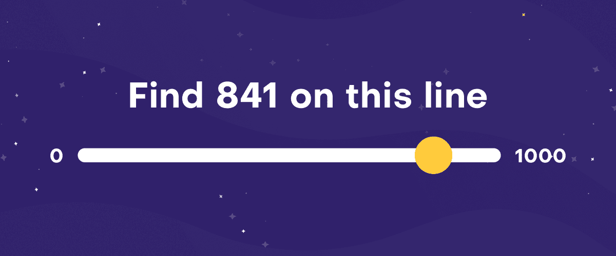 Talamo test screen, Numberline (Number line): ‘Find 841 on this line’ above a 0 to 1000 line, with the marker placed near 841.