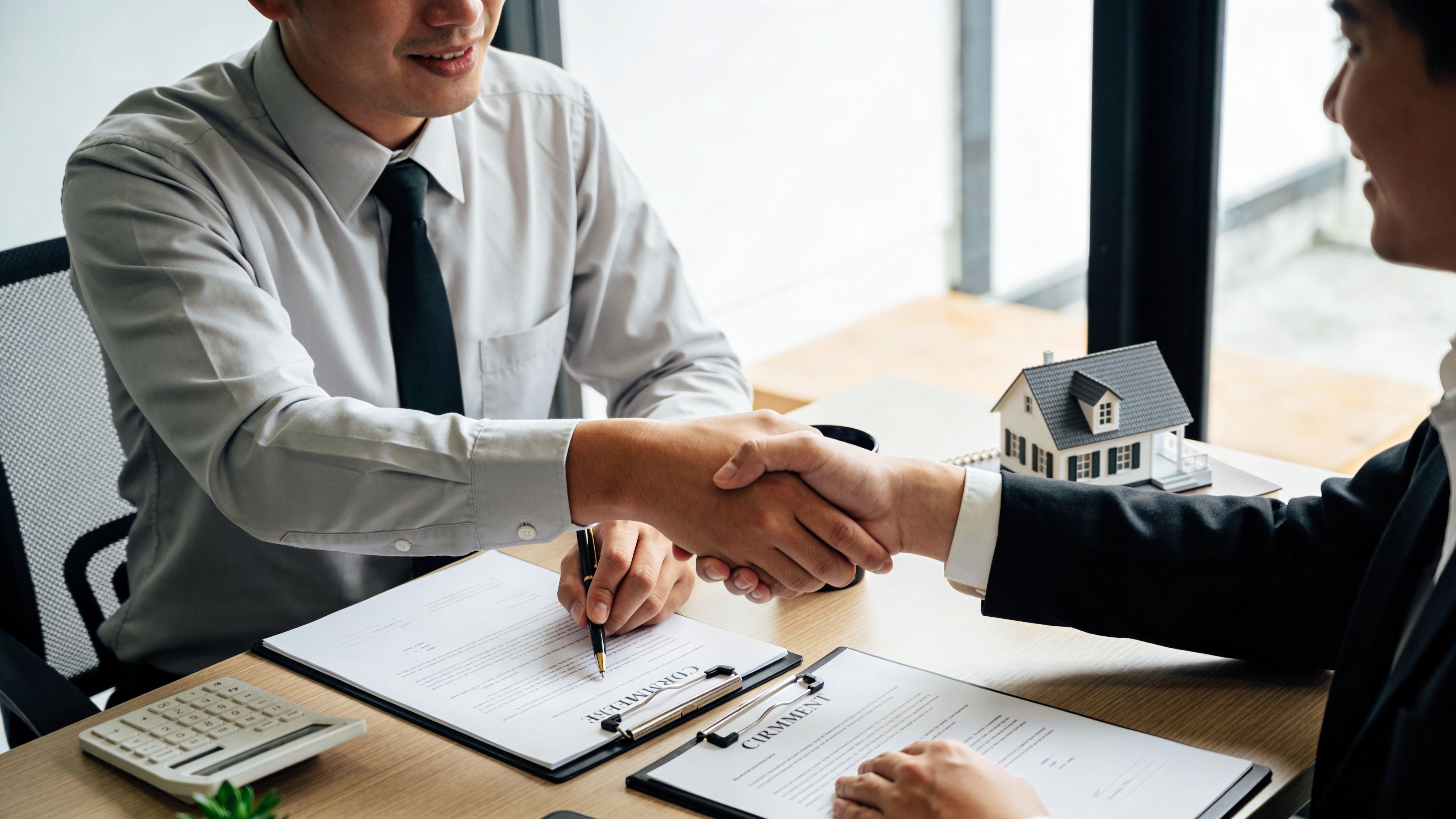Business professionals shaking hands over a signed real estate contract with a house model on the desk