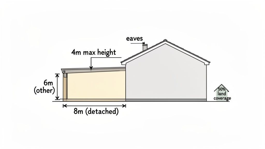 Diagram showing house extension rules: 4m max height, 6m (other) height, 8m (detached) length, 50% land coverage.