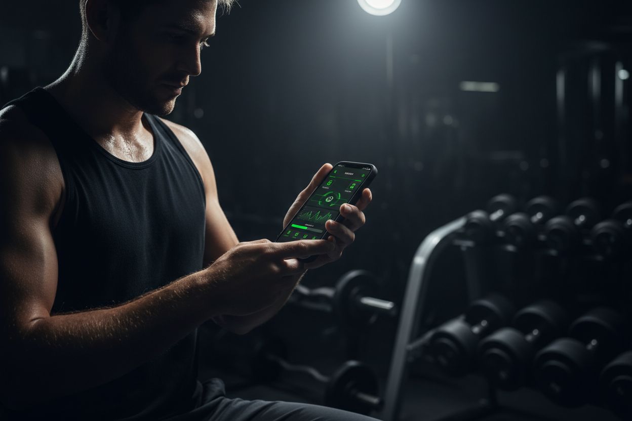 A person checking a workout app on an iPhone in a gym