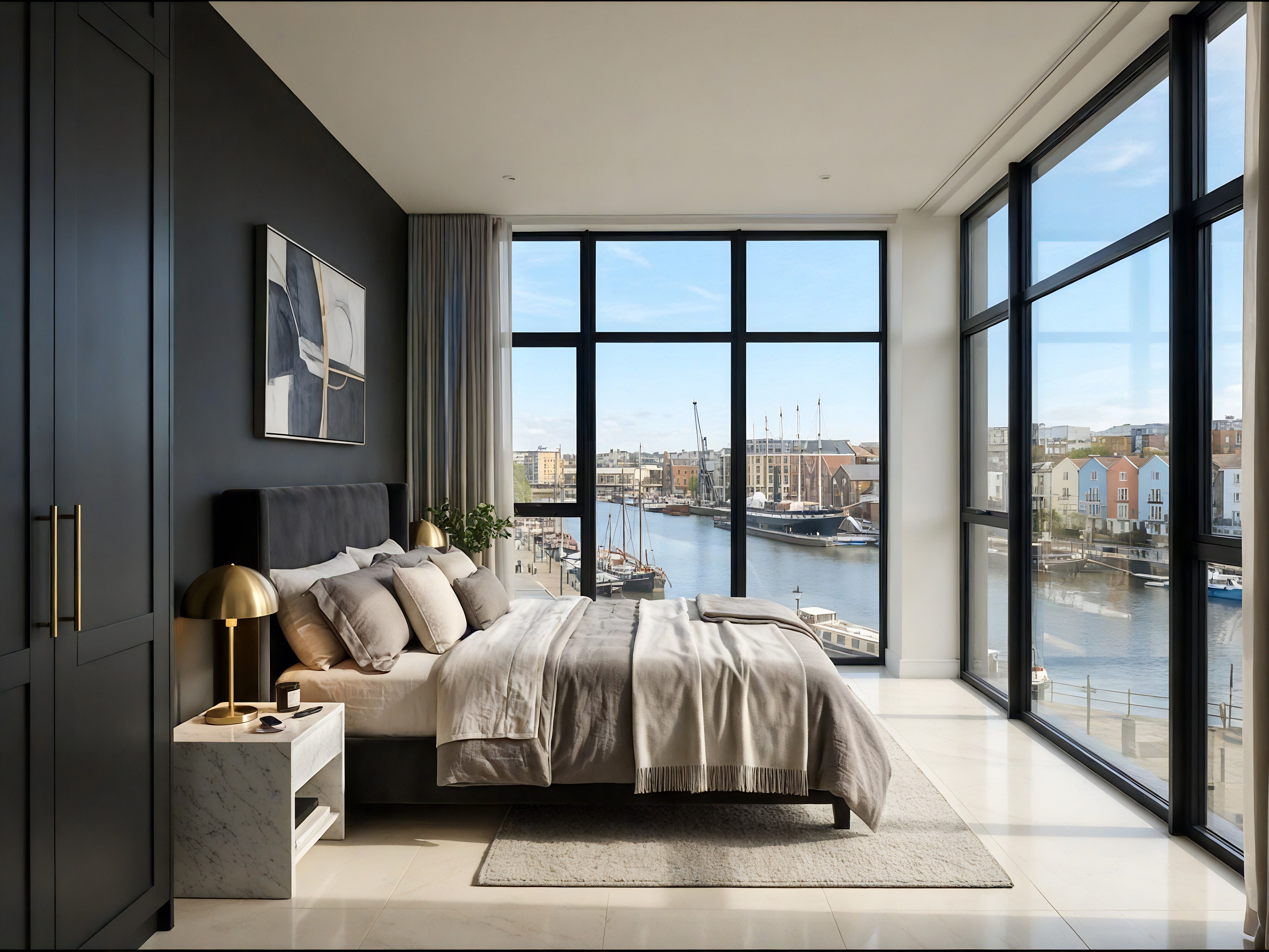 A classic and elegant bathroom with off-white paneling, marble-patterned flooring, and intricate ceiling carvings is shown in this horizontal full photograph. In the left corner, a white clawfoot bathtub with gold-colored handles is against the wall, with a towel draped over the left-side rim. To the right of the bathtub are two white toilets, each with a single handle on the left side, under two tall white windows. The windows overlook a leafy green forest and fields in the distance. The right-side window is between the two toilets. To the right of the windows is a large square marble shower with clear glass walls and gold-colored frames and handles. A multi-piece shower kit with a showerhead and controls in gold is in the shower. To the right of the shower is a white cabinet with off-white marble countertop and handles in gold. On the counter are three small white towels and a brown and white pump bottle. A square, framed mirror is above the counter. Two wall sconces with simple gold-colored stems and cream-colored lampshades are above the mirror. Daylight streams in from the windows, illuminating the room.