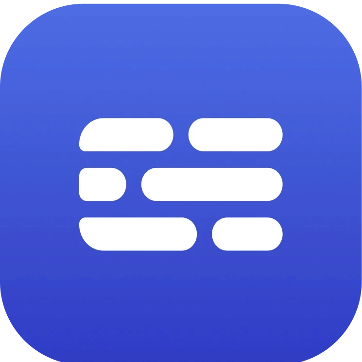 The image displays an app icon with a blue rounded square background. In the center, there are white, rounded rectangular shapes arranged to resemble horizontal lines of text. The design is simple and modern, likely representing an app related to text or communication.