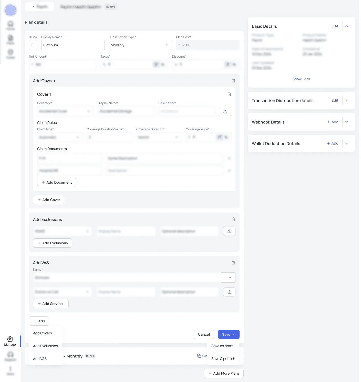 V1 plan configuration screen