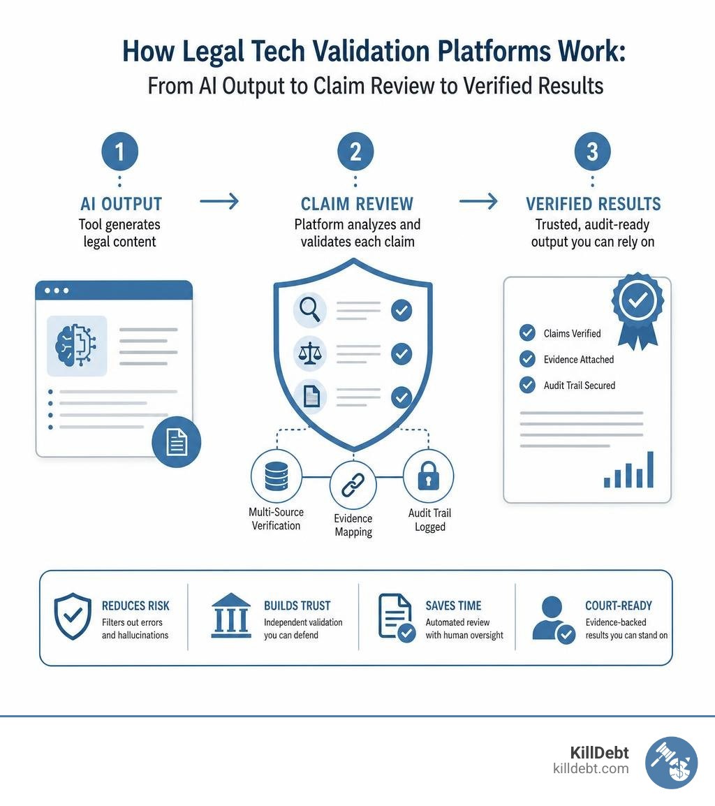 How legal tech validation platforms work: from AI output to claim review to verified results infographic