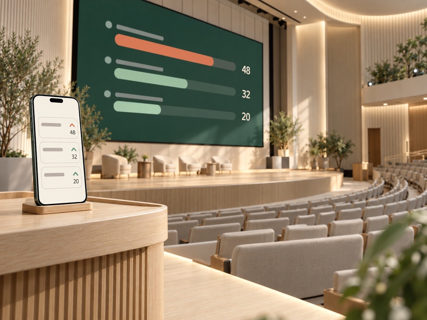 Auditorio con una votación de preguntas en la pantalla y el celular sobre el atril