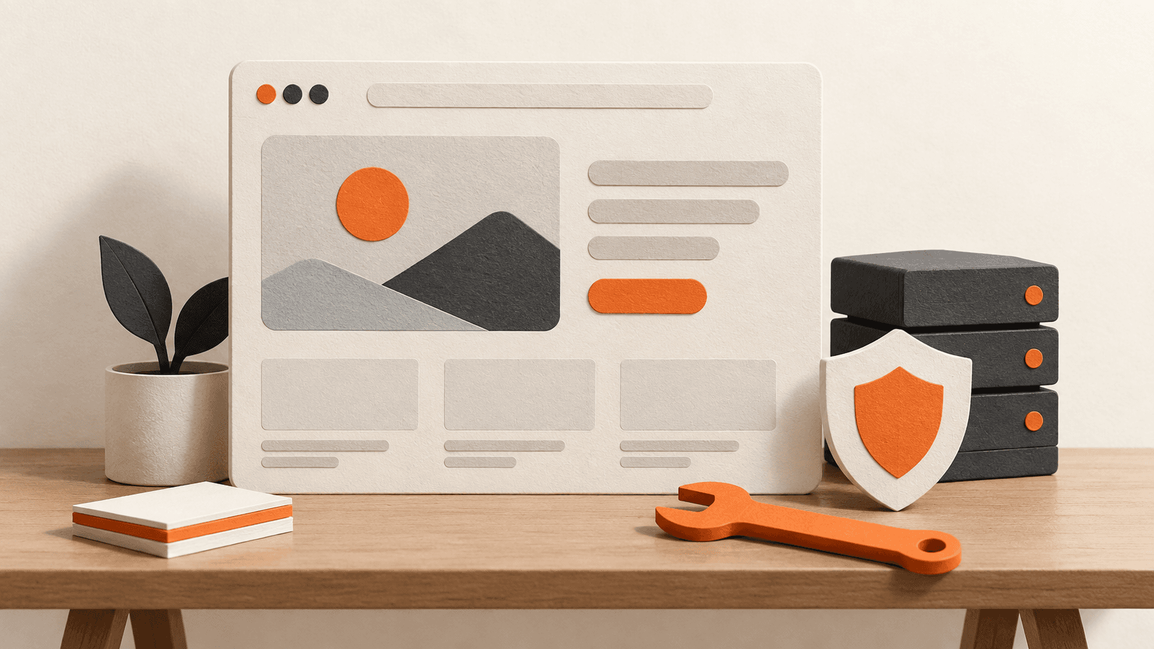 A calm paper website card resting on a small workbench beside a carefully placed orange wrench, shield cutout and backup stack.